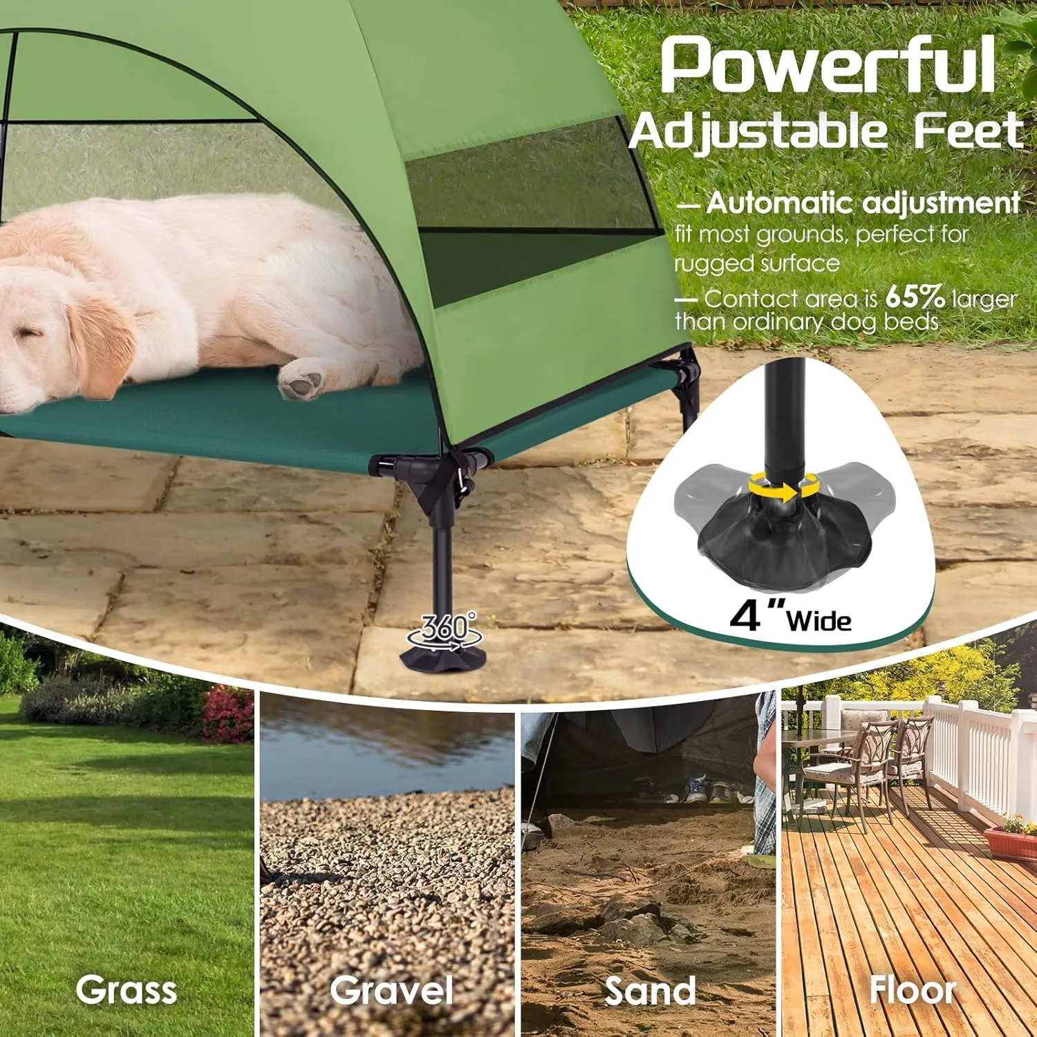Elevated Dog Bed with Upgraded Canopy, Raised Outdoor Dog Tent with Powerful Anti-Slip Feet, Portable Pet Cot with Larger Shade, Raised Cooling Bed for Camping, Backyard, Beach, Poolside