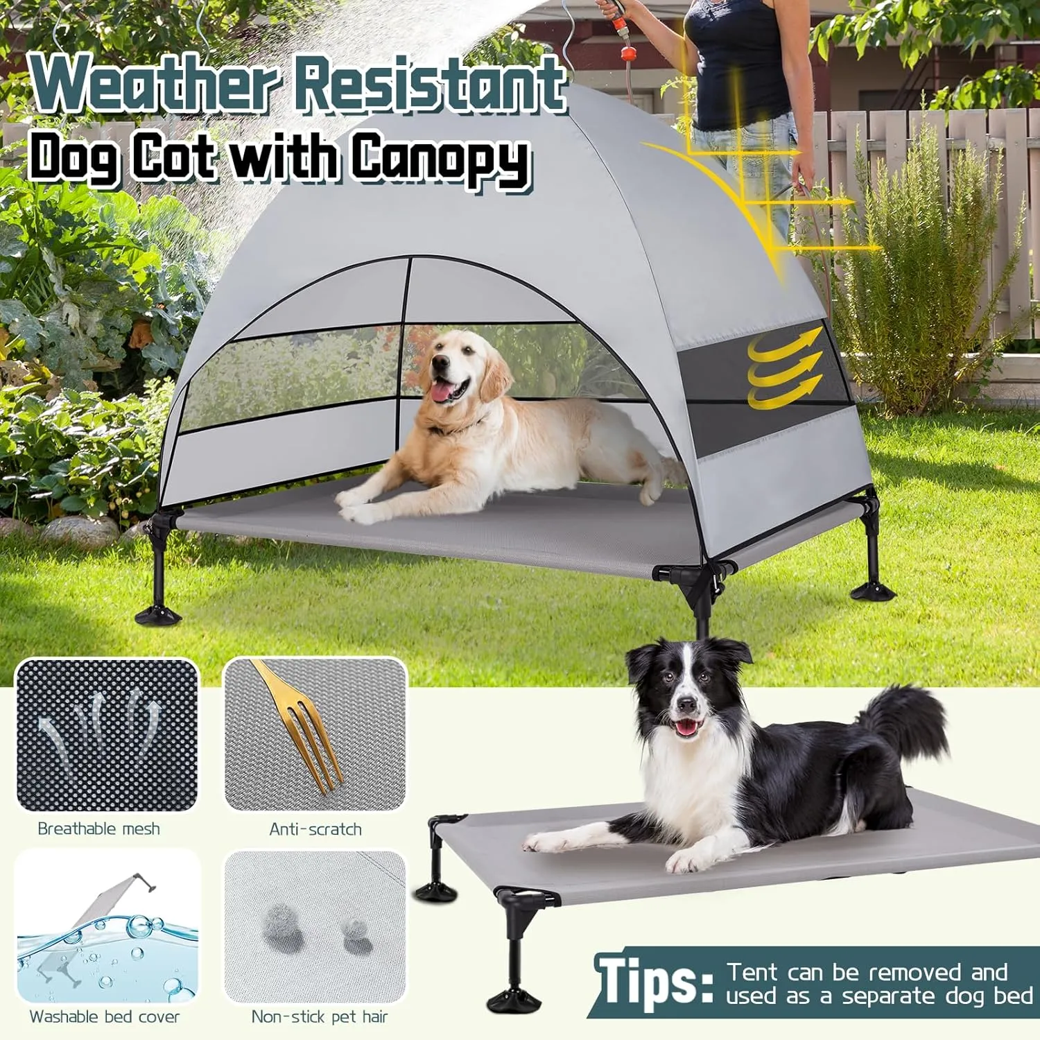 Elevated Outdoor Dog Bed with Canopy & Adjustable Feet - Larger Shade for Camping, Backyard & Patio