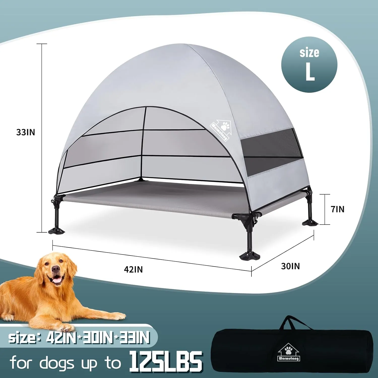 Elevated Outdoor Dog Bed with Canopy & Adjustable Feet - Larger Shade for Camping, Backyard & Patio