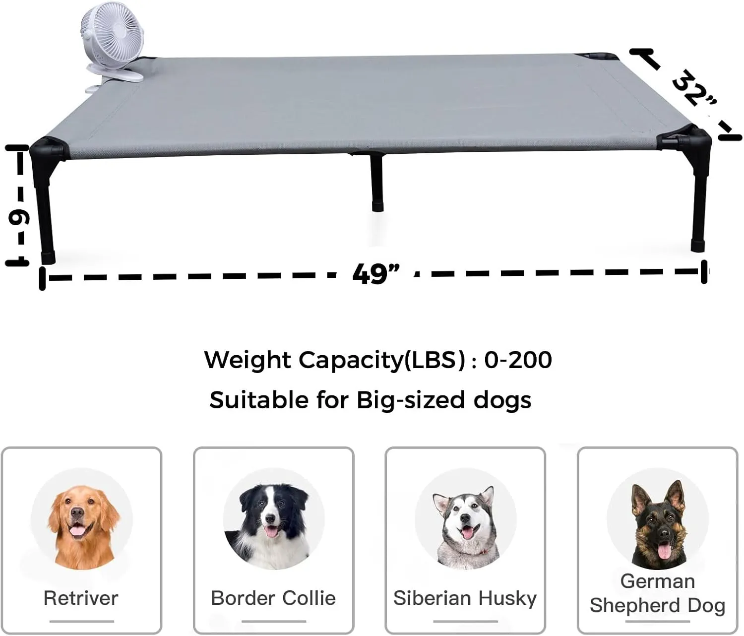 Elevated Raised Cooling Cots Bed for Extra-Large Dogs, Raised Dog-Hammock Beds Off Ground for Indoor and Outdoor & Clip Fan (49 inches, X-Large)