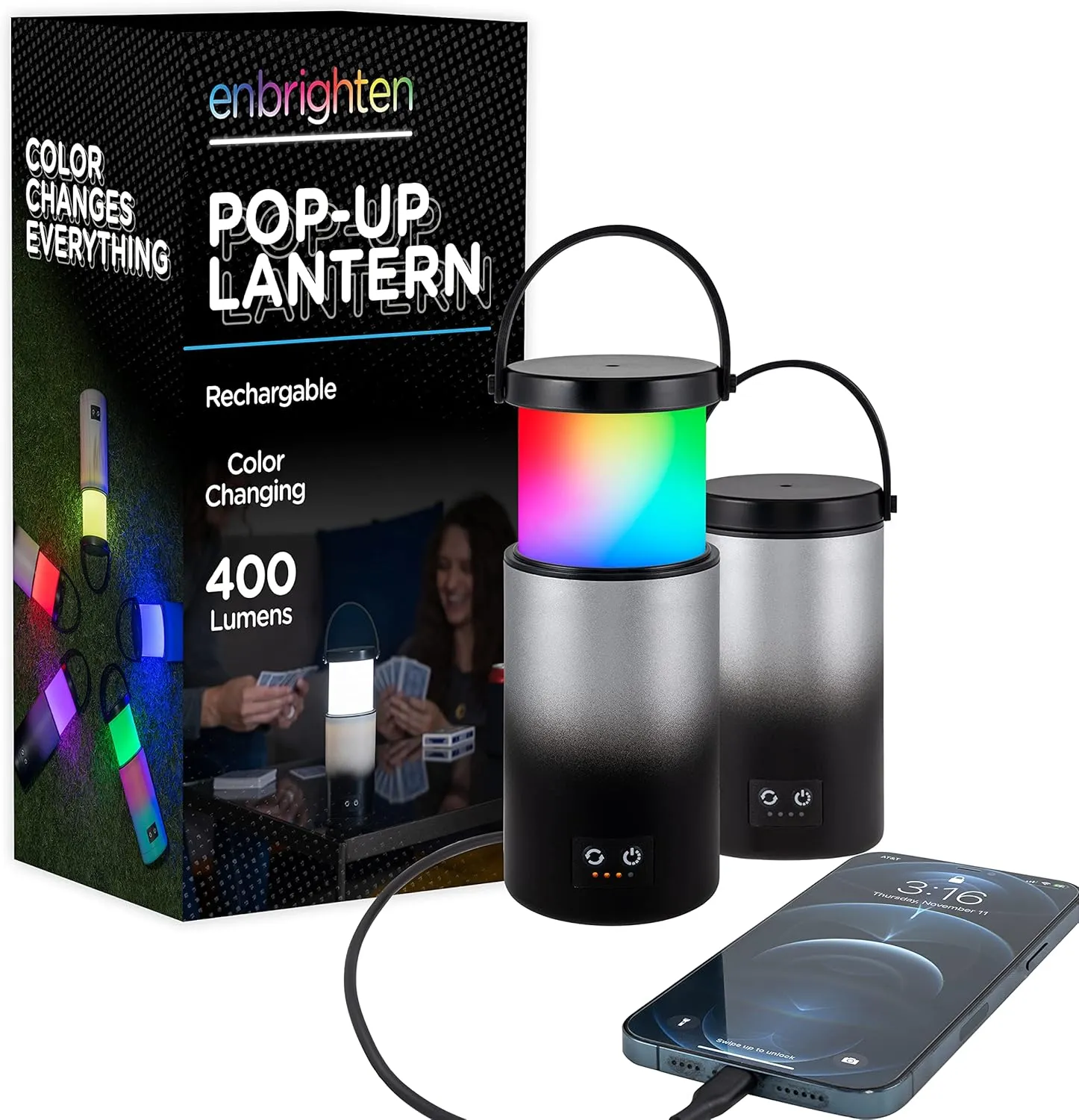 Enbrighten Mini Lantern, Rechargeable Lantern, Color Changing, LED Lamp for Bedroom, 400 Lumens, 180 Hour Runtime, Night Light, 4 Lighting Modes, Perfect for Camping, Bedroom, and More, 61744