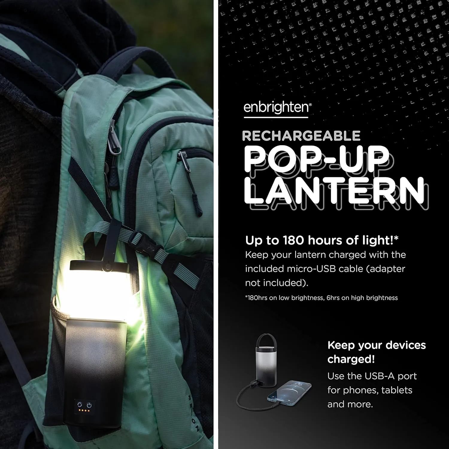 Enbrighten Mini Lantern, Rechargeable Lantern, Color Changing, LED Lamp for Bedroom, 400 Lumens, 180 Hour Runtime, Night Light, 4 Lighting Modes, Perfect for Camping, Bedroom, and More, 61744