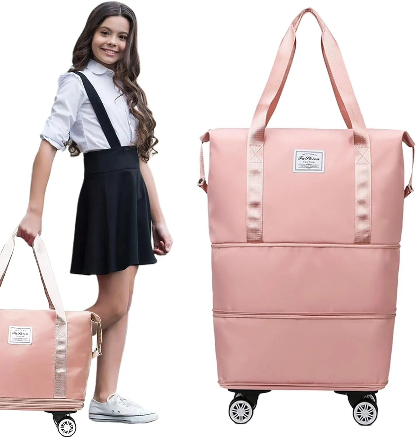 Expandable Foldable Rolling Duffel Bag with Wheels, Detachable Rolling Carry-On Luggage, Duffel Bag with Multiple Compartments for Travel, Business, Camping, Rolling Duffel Bag, Pink