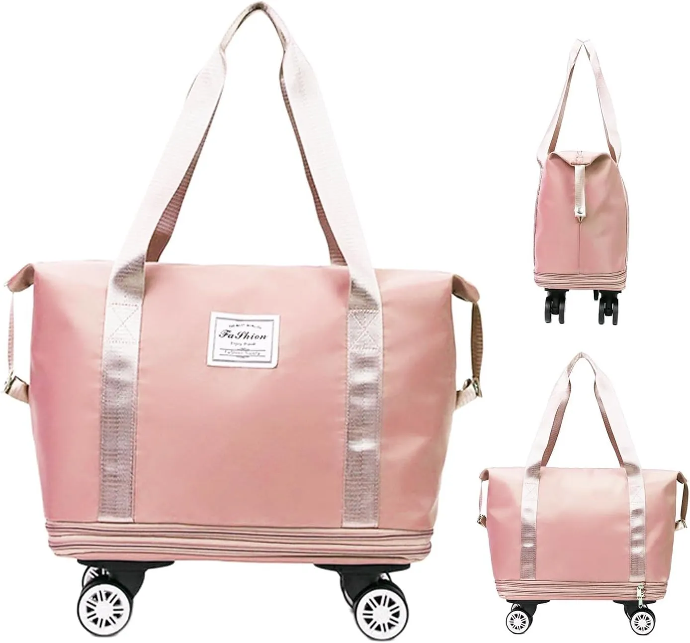 Expandable Foldable Rolling Duffel Bag with Wheels, Detachable Rolling Carry-On Luggage, Duffel Bag with Multiple Compartments for Travel, Business, Camping, Rolling Duffel Bag, Pink