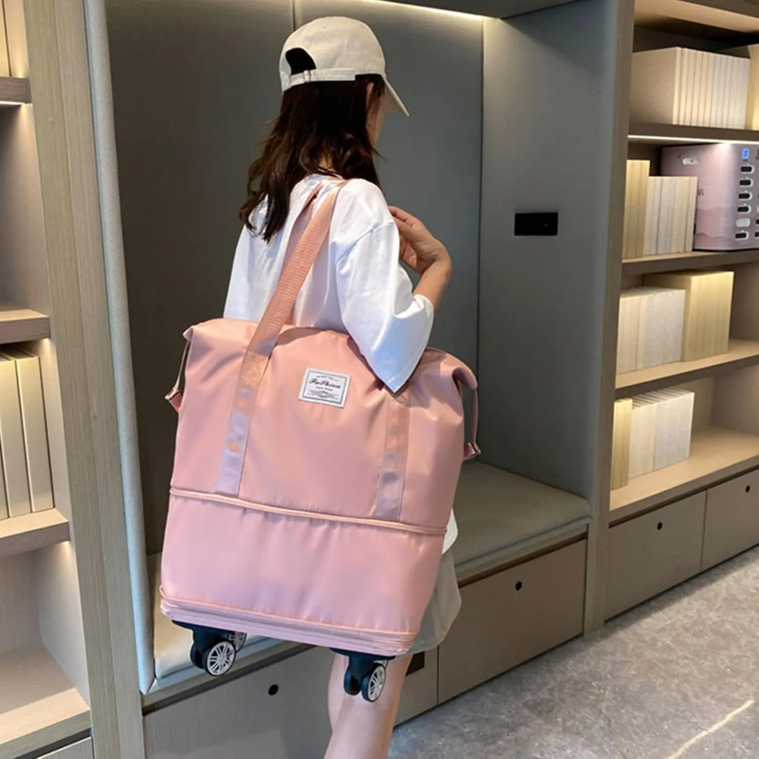 Expandable Foldable Rolling Duffel Bag with Wheels, Detachable Rolling Carry-On Luggage, Duffel Bag with Multiple Compartments for Travel, Business, Camping, Rolling Duffel Bag, Pink
