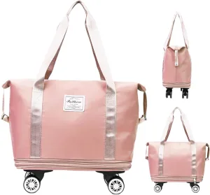 Expandable Foldable Rolling Duffel Bag with Wheels, Detachable Rolling Carry-On Luggage, Duffel Bag with Multiple Compartments for Travel, Business, Camping, Rolling Duffel Bag, Pink
