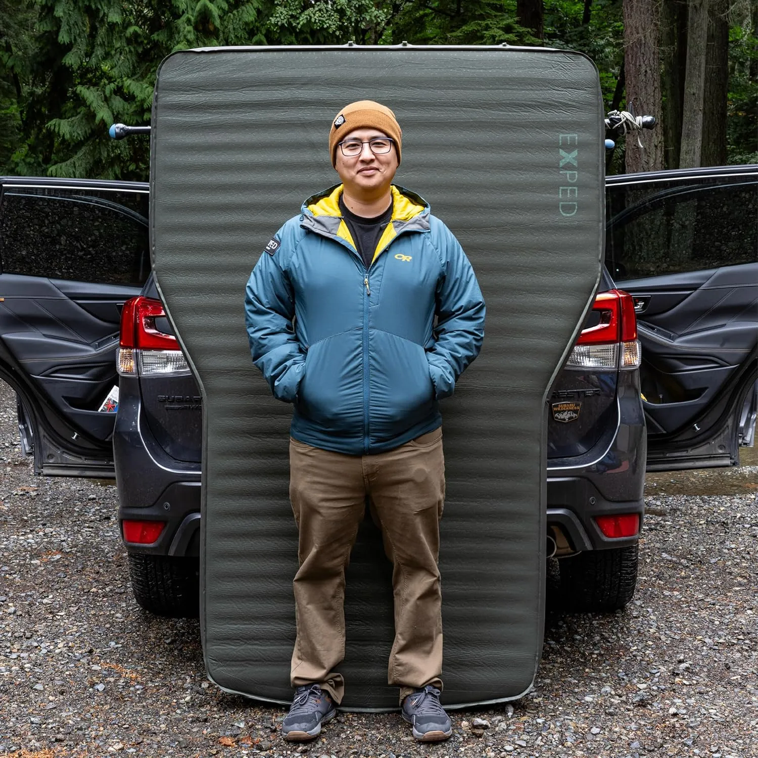 Exped MegaMat Auto - Self Inflating Soft Car Sleeping Mat, 4” Foam Pad, Wheel Cutouts, Pump Included