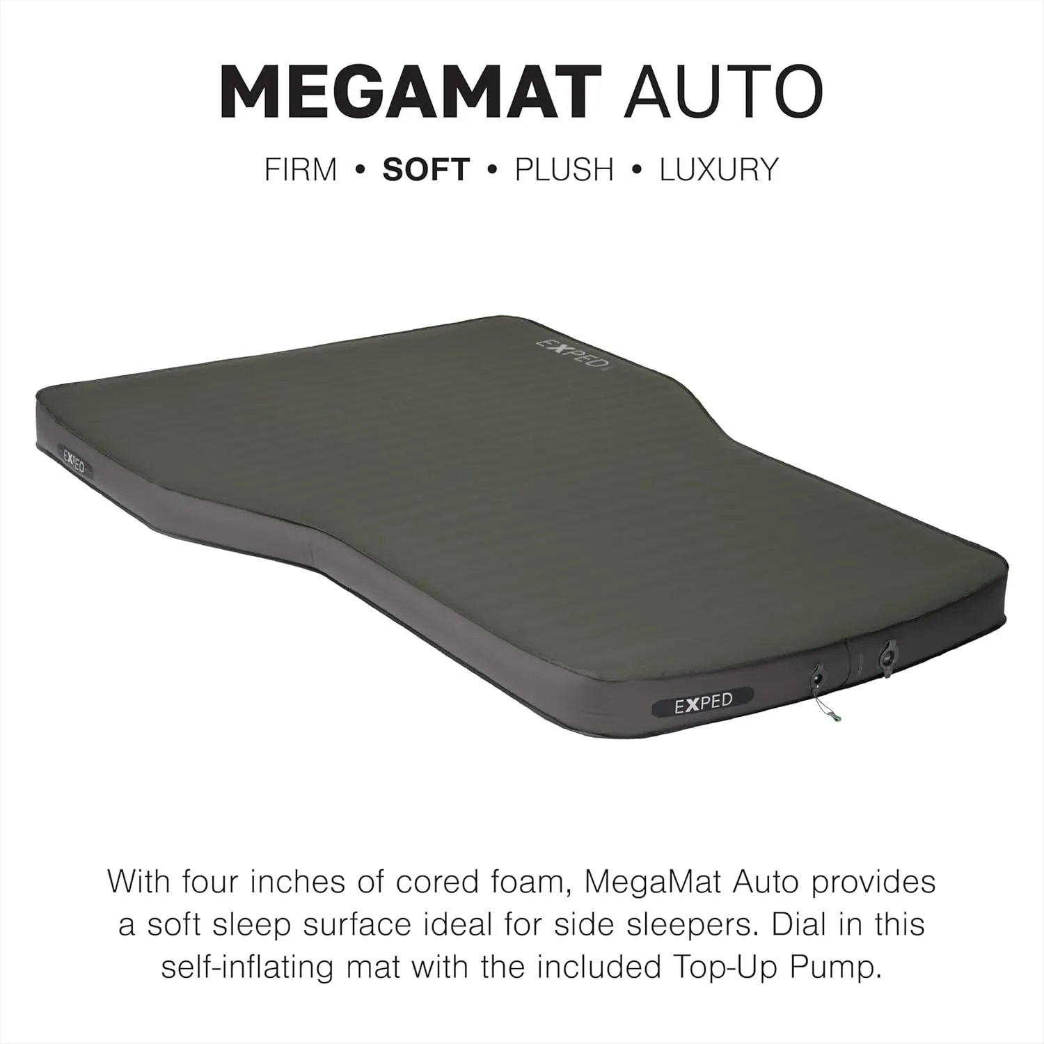 Exped MegaMat Auto - Self Inflating Soft Car Sleeping Mat, 4” Foam Pad, Wheel Cutouts, Pump Included