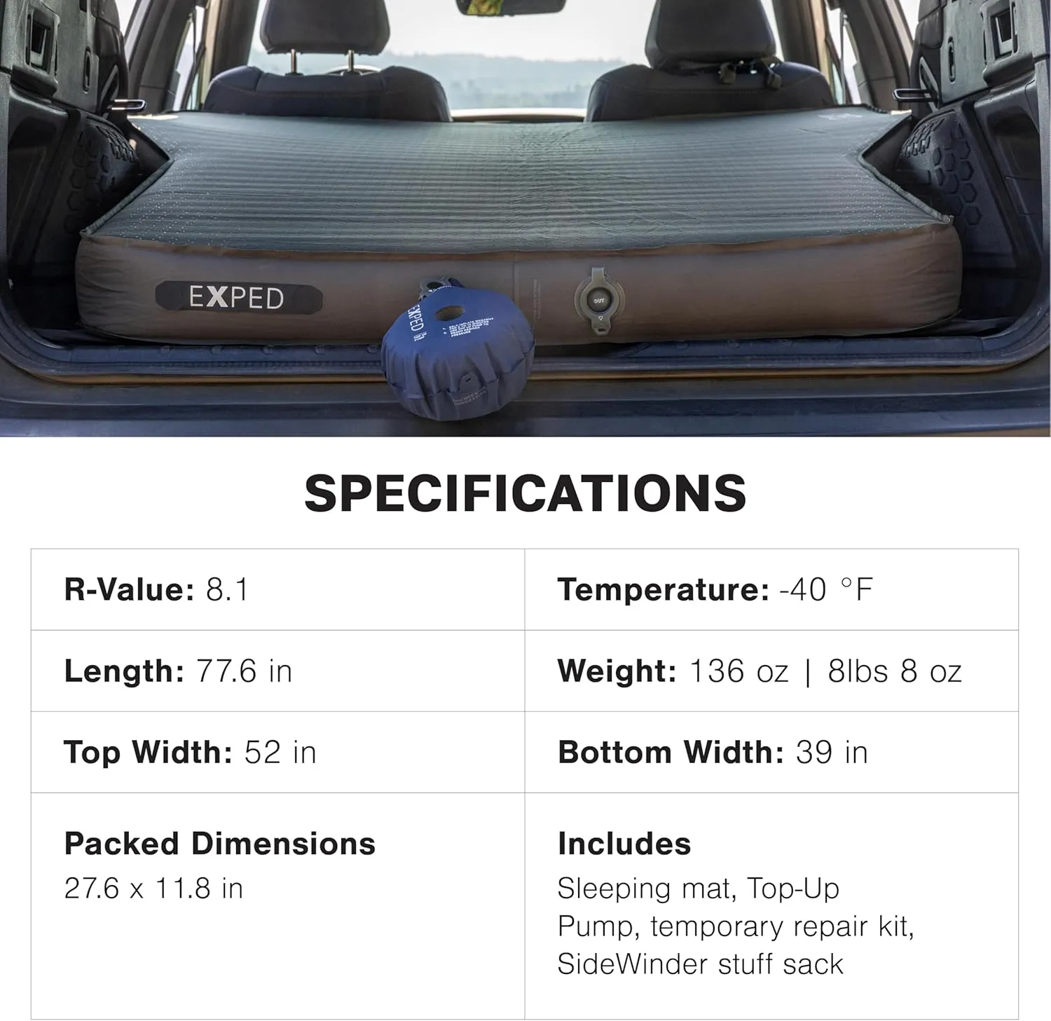 Exped MegaMat Auto - Self Inflating Soft Car Sleeping Mat, 4” Foam Pad, Wheel Cutouts, Pump Included