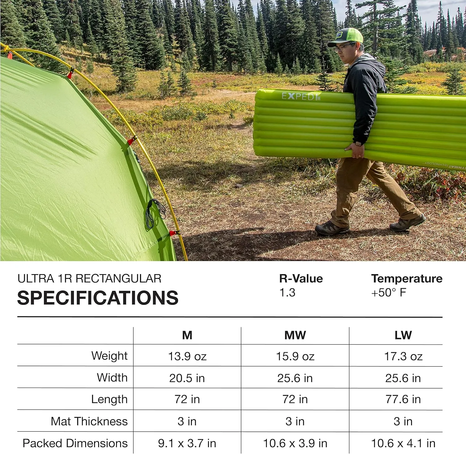 Exped Ultra Series: 1R, 3R, 5R, 7R Single & Duo - Lightweight Backpacking Mat - Packable and Comfortable - Sleeping Pad with Pumpbag for Self-Inflation