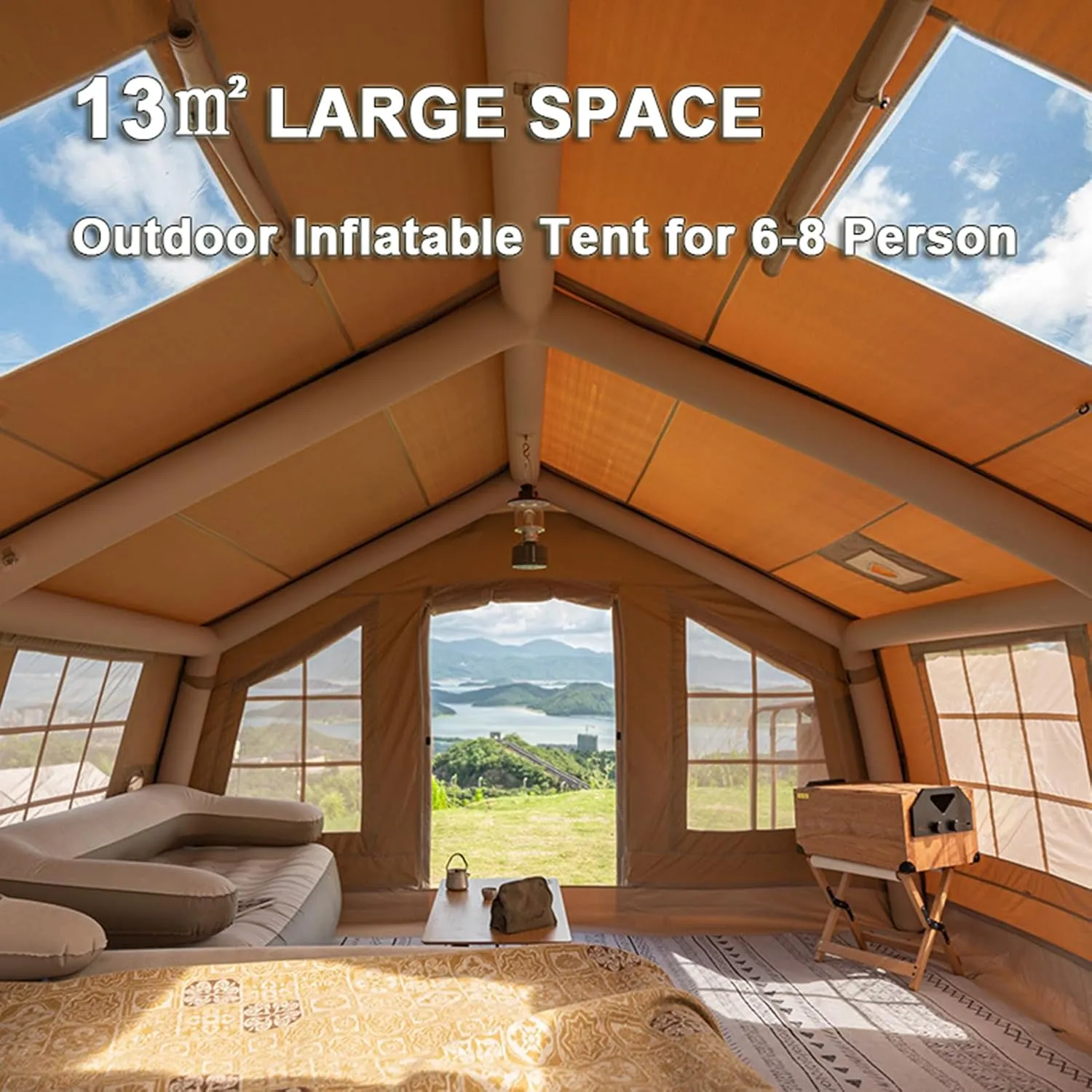 Extra Large Inflatable Camping Tent, 13㎡ Glamping Tents Easy Setup 4 Season Windproof Outdoor Cotton Tent with Stove Jack & Mesh Windows & Pump