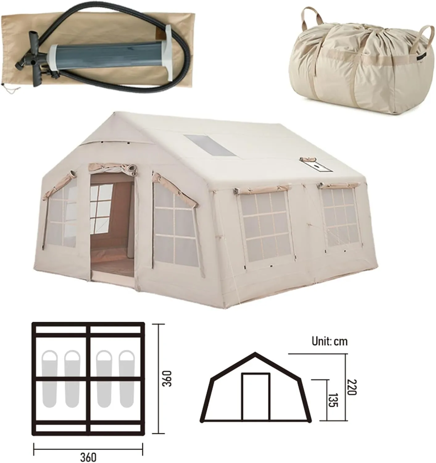 Extra Large Inflatable Camping Tent, 13㎡ Glamping Tents Easy Setup 4 Season Windproof Outdoor Cotton Tent with Stove Jack & Mesh Windows & Pump