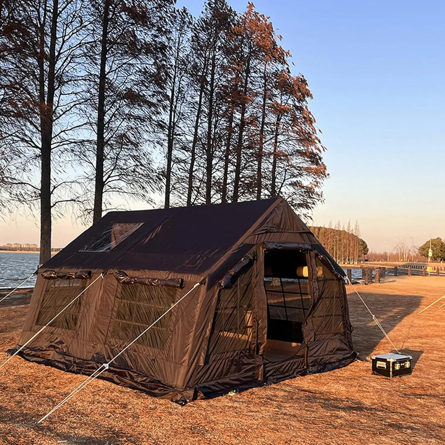 Extra Large Inflatable Camping Tent, 13㎡ Glamping Tents Easy Setup 4 Season Windproof Outdoor Cotton Tent with Stove Jack & Mesh Windows & Pump