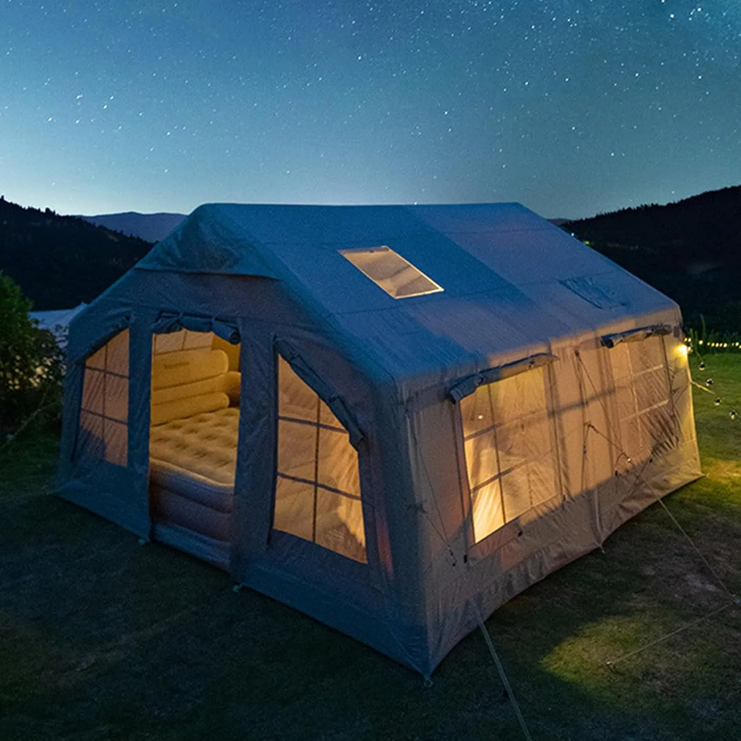 Extra Large Inflatable Camping Tent, 13㎡ Glamping Tents Easy Setup 4 Season Windproof Outdoor Cotton Tent with Stove Jack & Mesh Windows & Pump