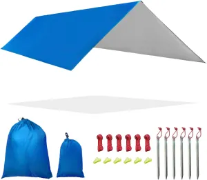 Fay Bless Rain Fly Camping Tarp Waterproof Resistant Sun Shade Lightweight Hammock Tent Tarp with Multifunctional Camping Accessories (Blue, 3×3m)