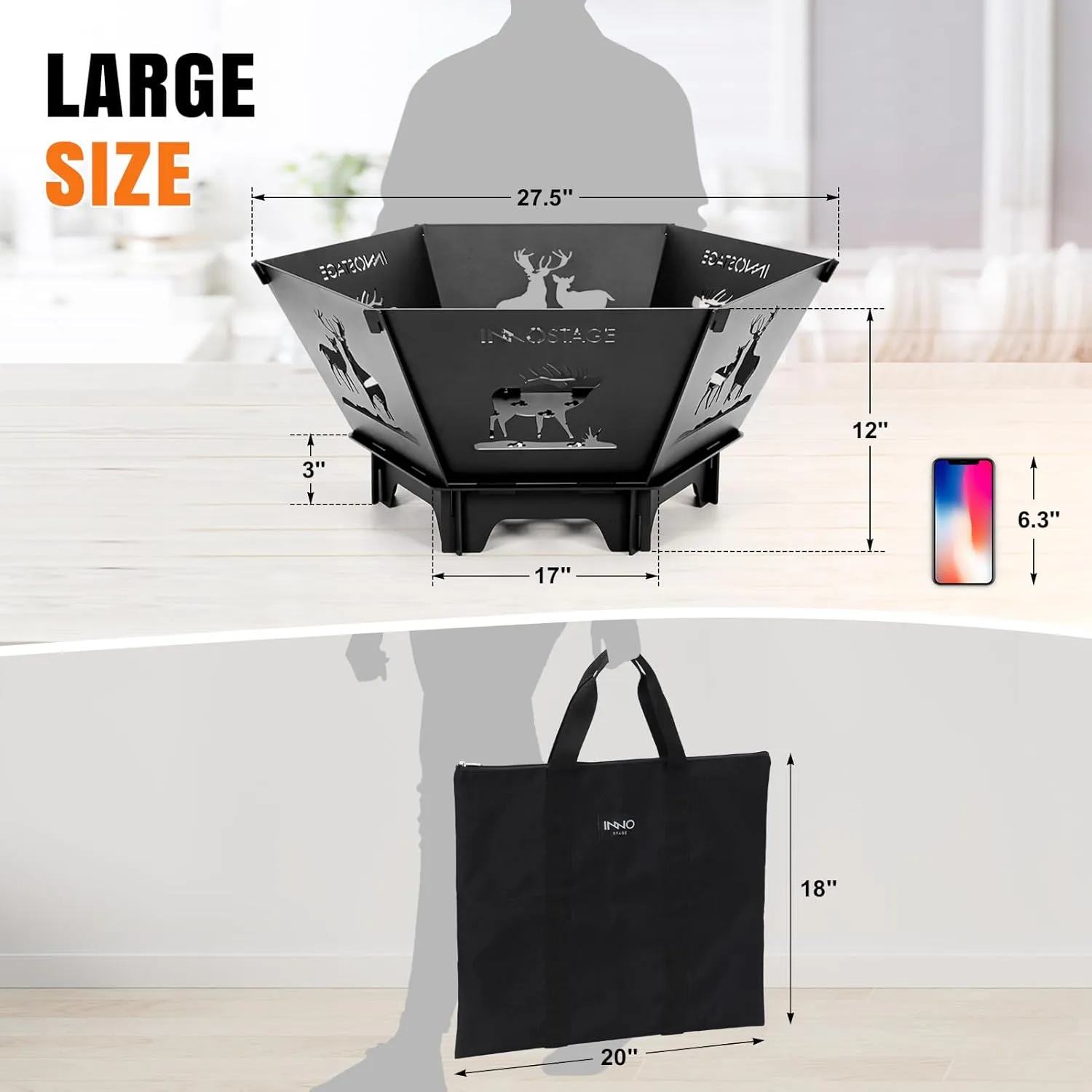 Fire Pit for Camping- 27.5 Inch Collapsible Firepit for Patio Outside Wood Burning Outdoor Indoor BBQ Picnic Foldable Fire Pits Bonfire of Backyard Patio with Portable Tote Bag