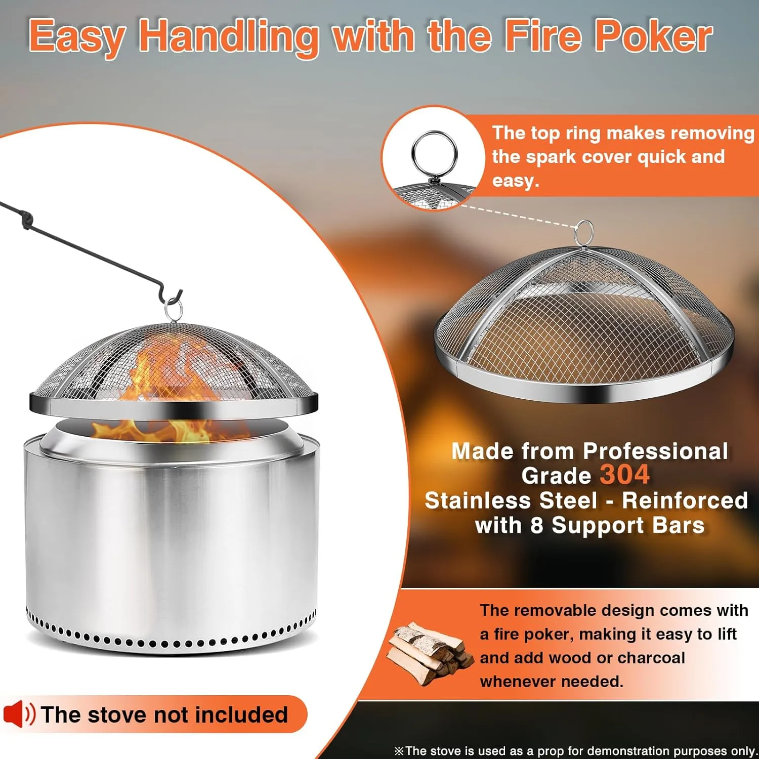 Fire Pit Spark Screen for Solo Stove Bonfire Size, Teisaiko Heavy-Duty 304 Stainless-Steel Mesh Spark Protector, Accessory for Solo Stove Bonfire, with Handle & Poker (for Bonfire 19.5'' Size)