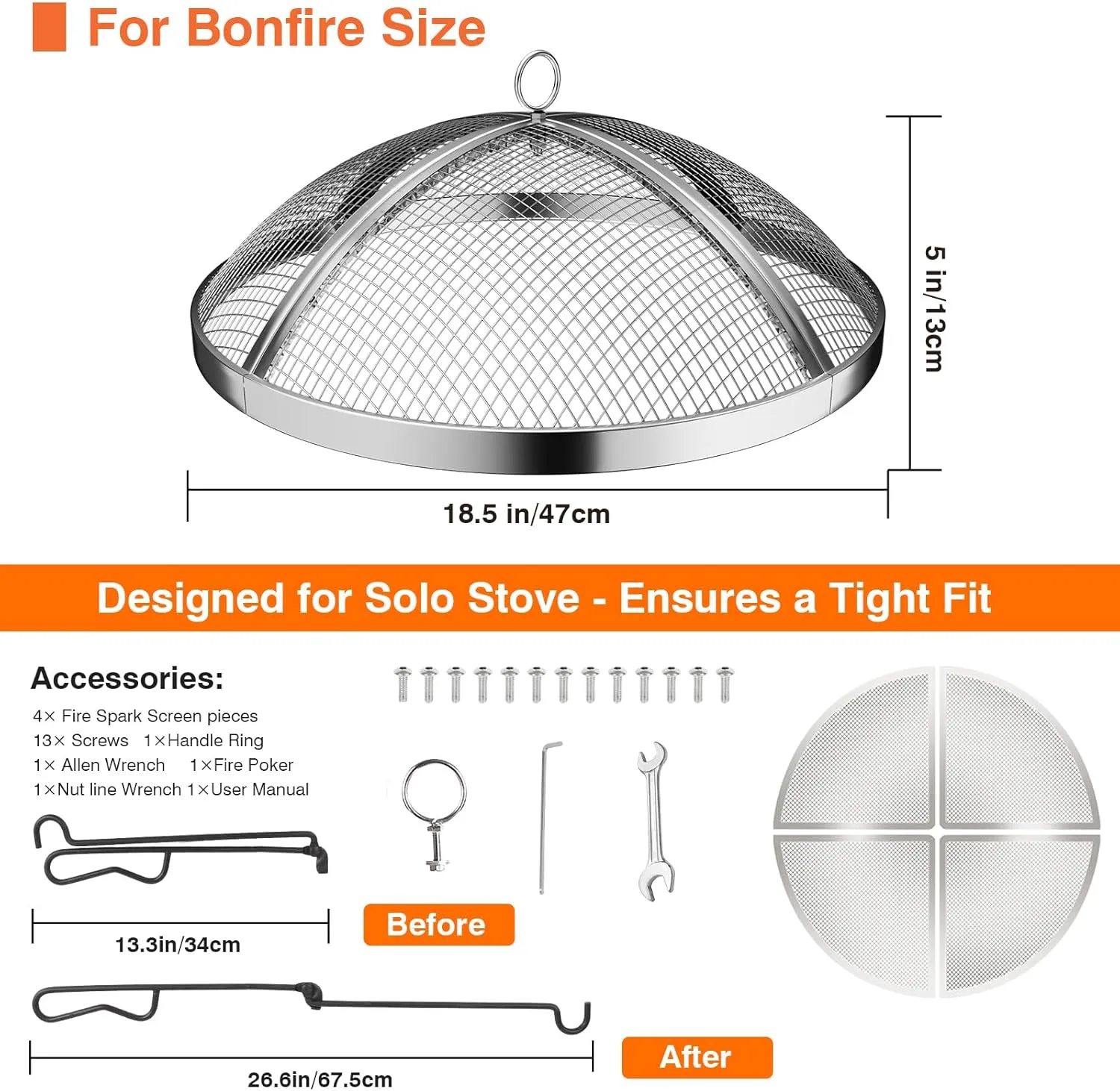 Fire Pit Spark Screen for Solo Stove Bonfire Size, Teisaiko Heavy-Duty 304 Stainless-Steel Mesh Spark Protector, Accessory for Solo Stove Bonfire, with Handle & Poker (for Bonfire 19.5'' Size)