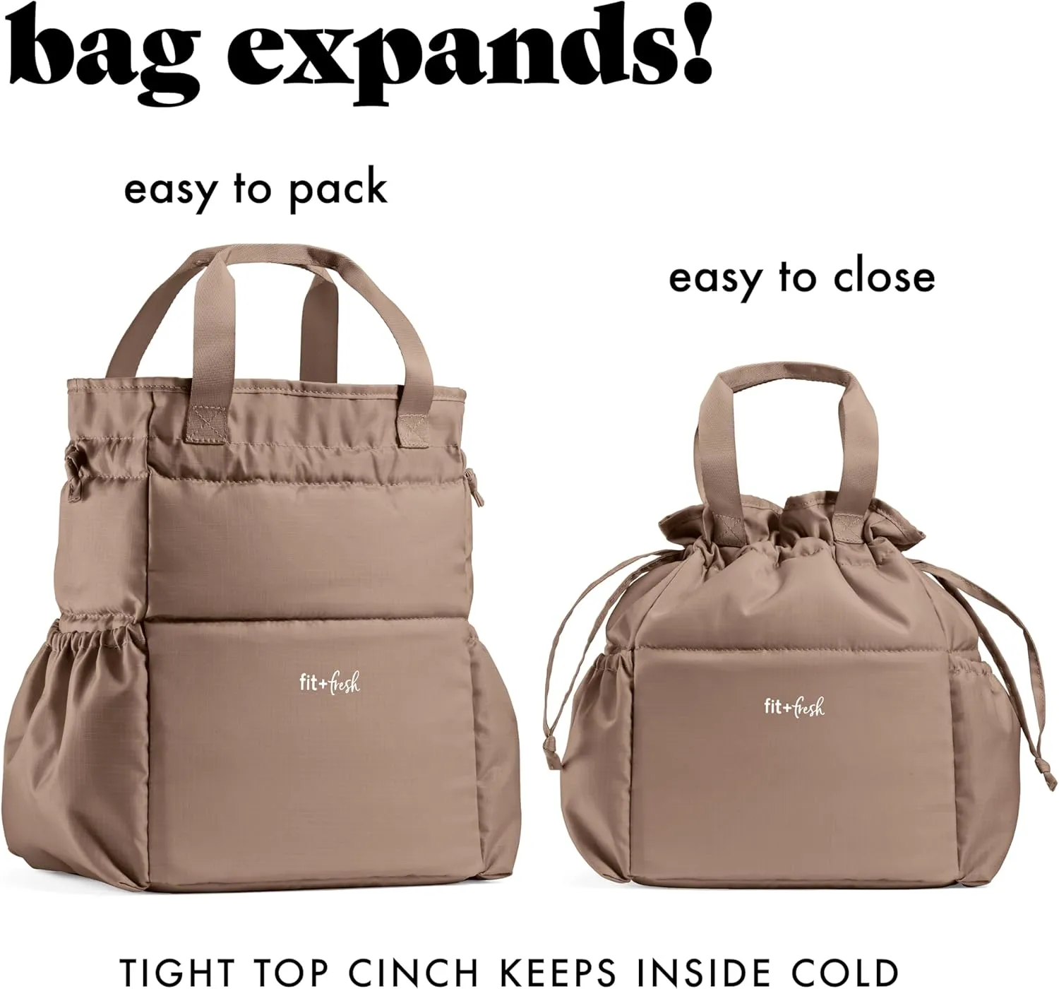 Fit & Fresh Lunch Bag For Women, Insulated Womens Lunch Bag For Work, Stain-Resistant Large Lunch Box For Women With Containers, Cinch Closure Cromwell Bag, Taupe