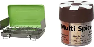 Flame King 2-Burner Portable Camping Stove Grill Bundle with Coghlan's 6-Spice Shaker for Outdoor Cooking