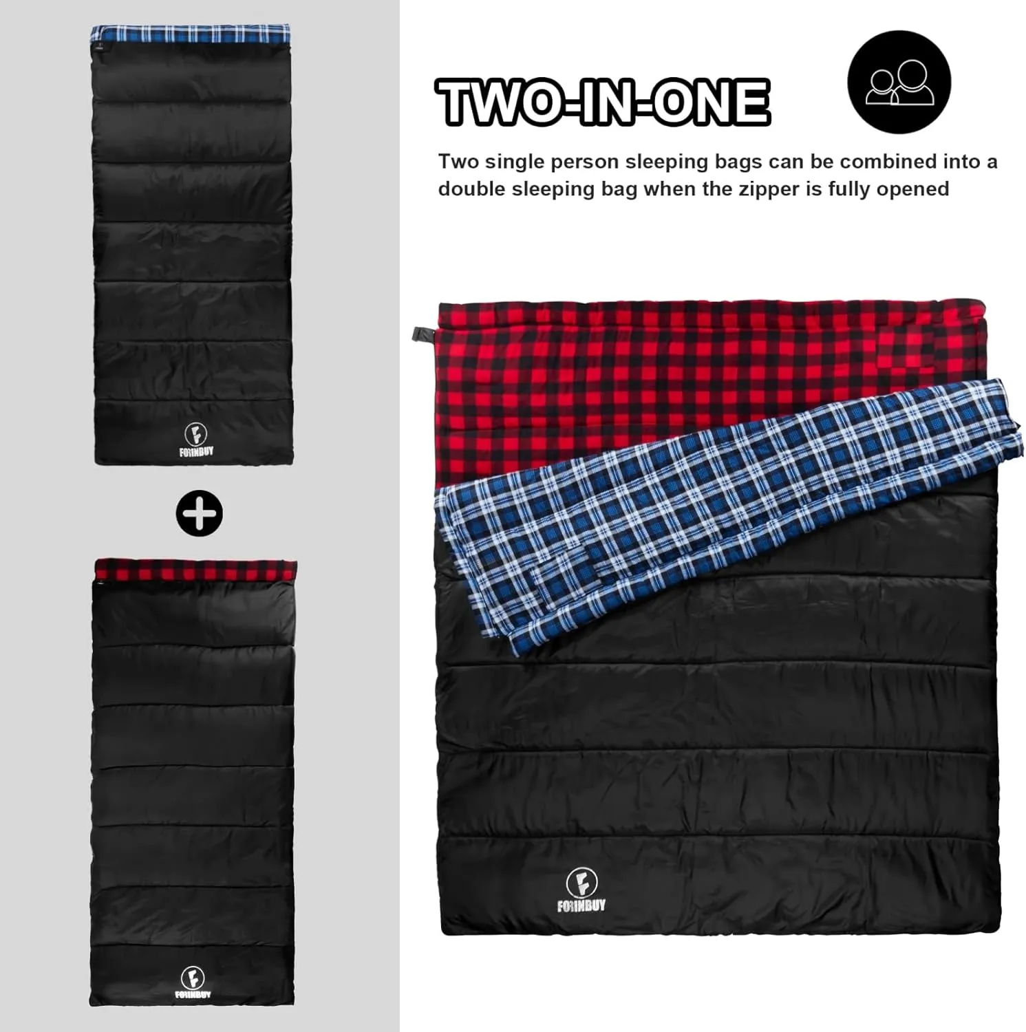 Flannel Sleeping Bag Cold Weather for Adults XL Camping Cotton Sleeping Bag 4 Season Big and Tall, Waterproof with Compression Sack