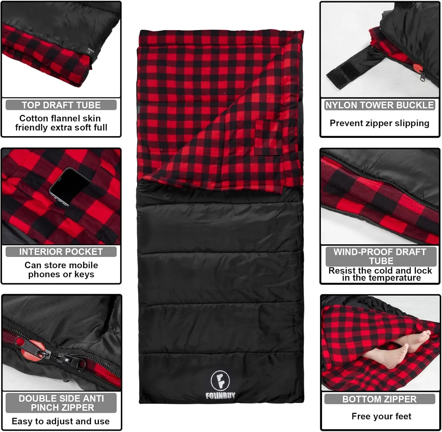 Flannel Sleeping Bag Cold Weather for Adults XL Camping Cotton Sleeping Bag 4 Season Big and Tall, Waterproof with Compression Sack
