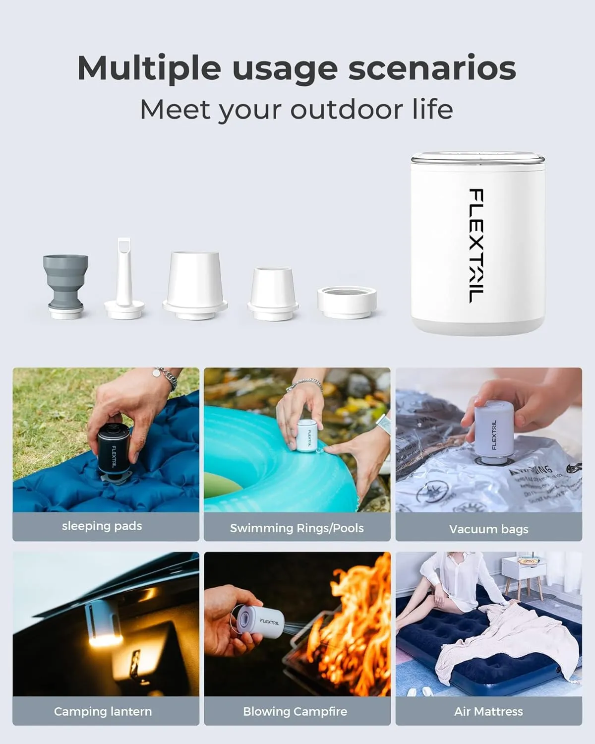FLEXTAILGEAR Portable Air Pump with Camping Lantern Tiny Pump 2X 4kPa Air Pump for Inflatables Rechargeable Air Mattress Pump with Magnetic Design for Sleeping Pads, Pool Floats, Swimming Rings(White)