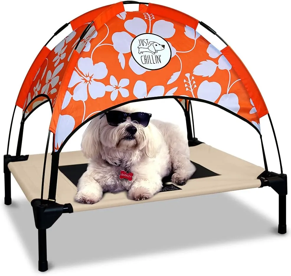 Floppy Dawg Just Chillin’ Elevated Dog Bed. LuxLife Edition - Premium Cot Includes Two Designer Canopies. Lightweight and Portable, Indoor or Outdoor. Chill in Style.