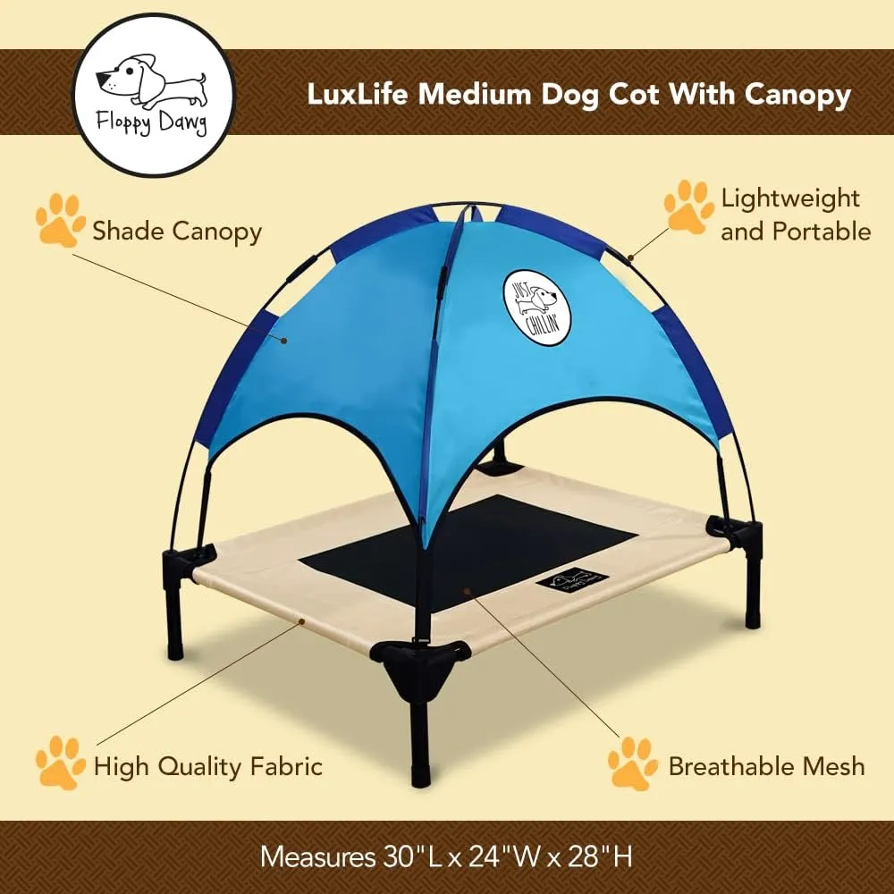 Floppy Dawg Just Chillin’ Elevated Dog Bed. LuxLife Edition - Premium Cot Includes Two Designer Canopies. Lightweight and Portable, Indoor or Outdoor. Chill in Style.