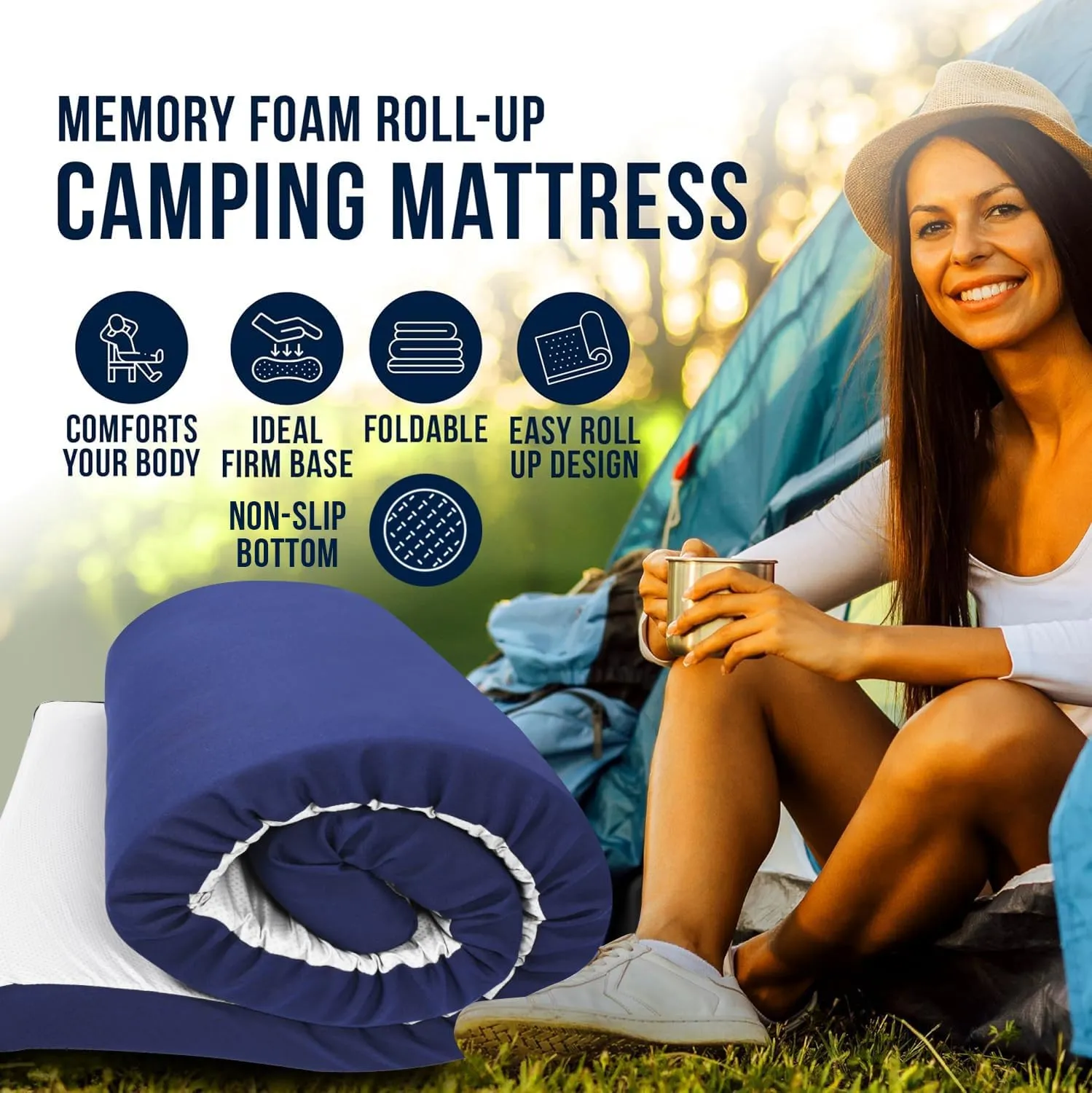 Foamma 3" x 30" x 75" Memory Foam Roll-Up Camping Mattress with Water Resistant Zipper Cover, Foldable and Portable for Camping, RV Bunk, Tent, Guest Bed, Outdoor and Dorm, CertiPUR-US Certified Foam