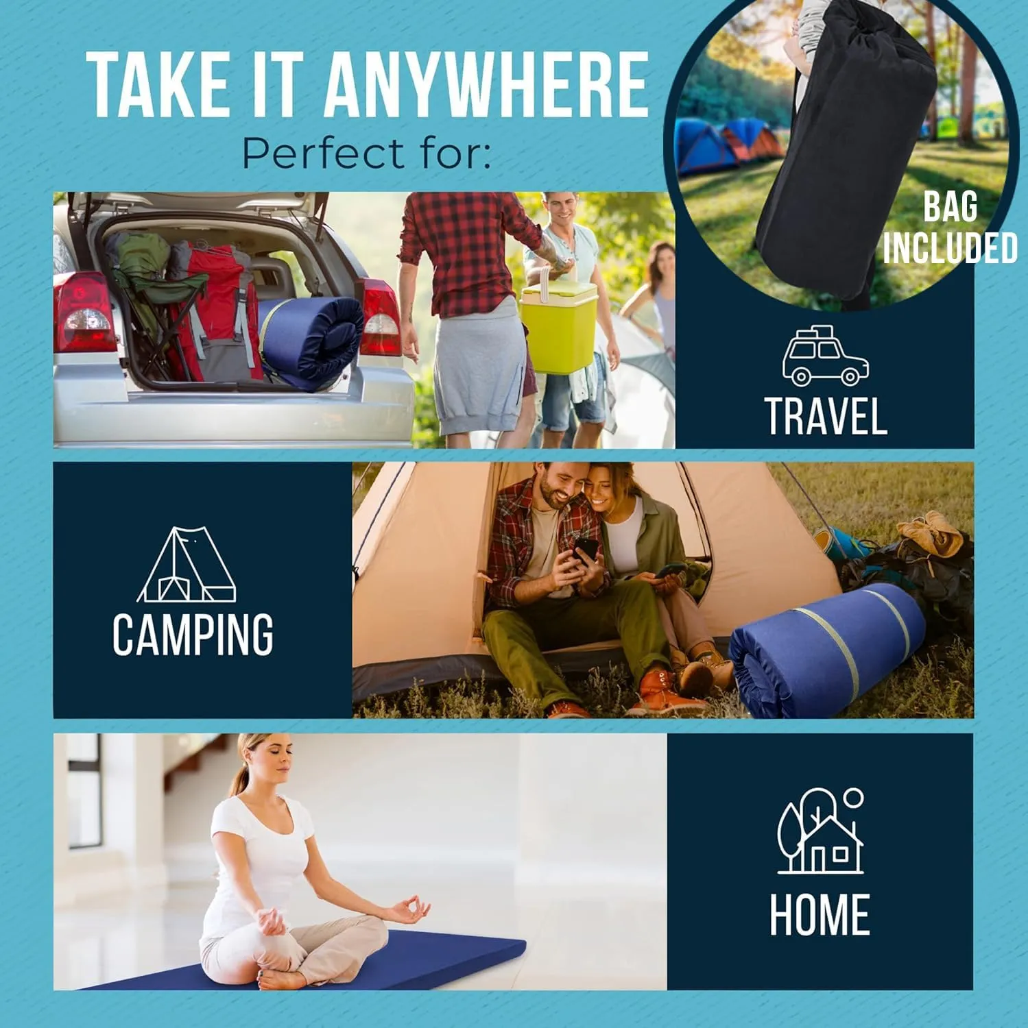 Foamma 3" x 30" x 75" Memory Foam Roll-Up Camping Mattress with Water Resistant Zipper Cover, Foldable and Portable for Camping, RV Bunk, Tent, Guest Bed, Outdoor and Dorm, CertiPUR-US Certified Foam