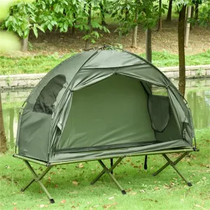 Foldable 2-in-1 Camping Tent with Elevated Cot - Green, Easy Setup for Sunny Adventures