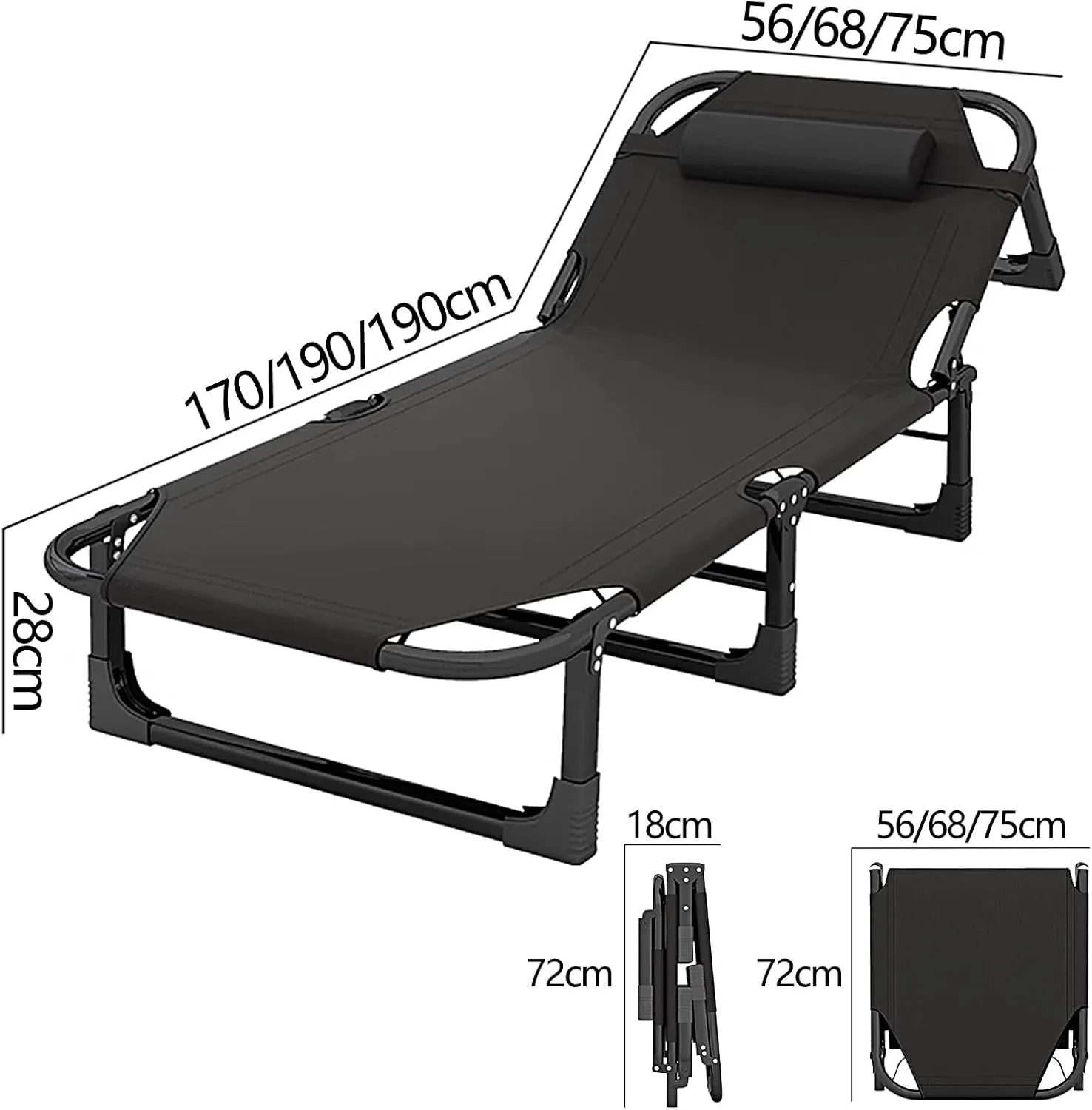 Foldable Bed with Mattress 4 Positions Adjustable Reclining Folding Camping Cot Sleeping Bed Outdoor Portable Chaise Lounge Chair with Antis Slip Mat(Black,190 * 75 * 28cm)