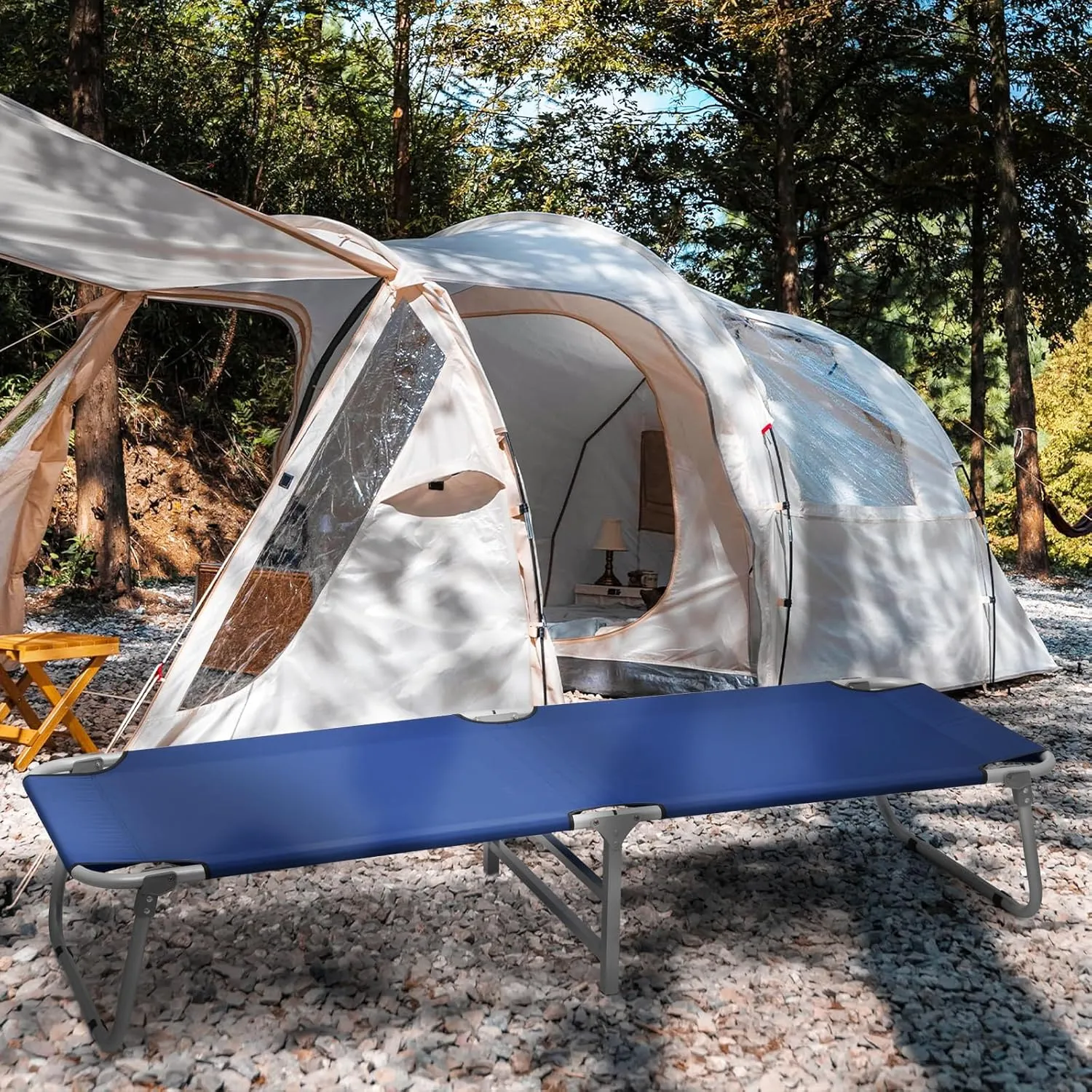 Foldable Camping Cot Portable Hiking Reclinable Oxford Military Bed w/Dust Cover (Navy Blue)