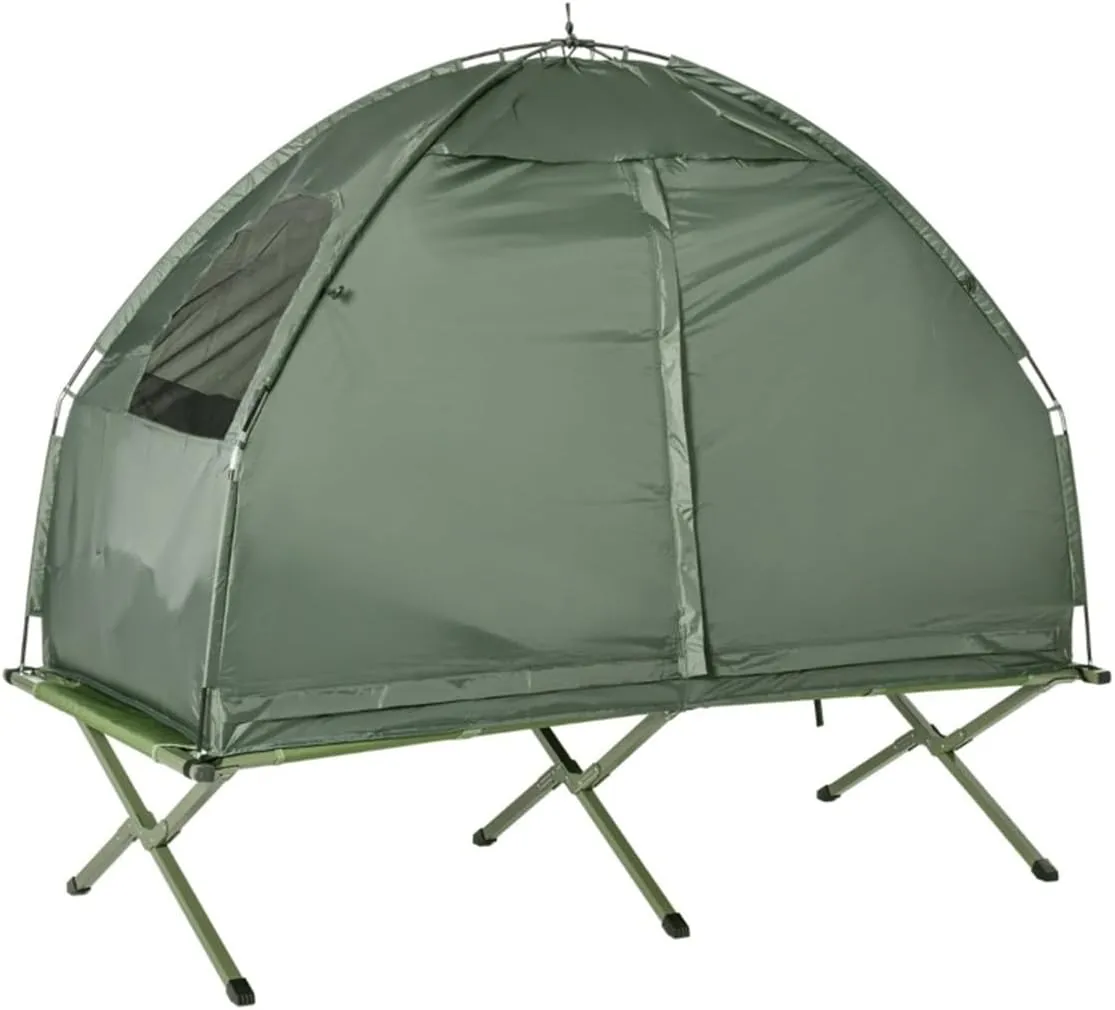 Foldable Camping Cot with Tent 76x34x64in, Bedspread and Thick Air Mattress, Covered Outdoor Bed with Carry Bag for Hiking, Camping, Green