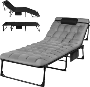 Foldable Camping Cots for Adults, Adjustable 4-Position Adults Reclining Folding Chaise, Outdoor Portable Folding Lounge Chair Sleeping Cots Bed with Pillow Mattress Carrying Bag for Camping, Pool
