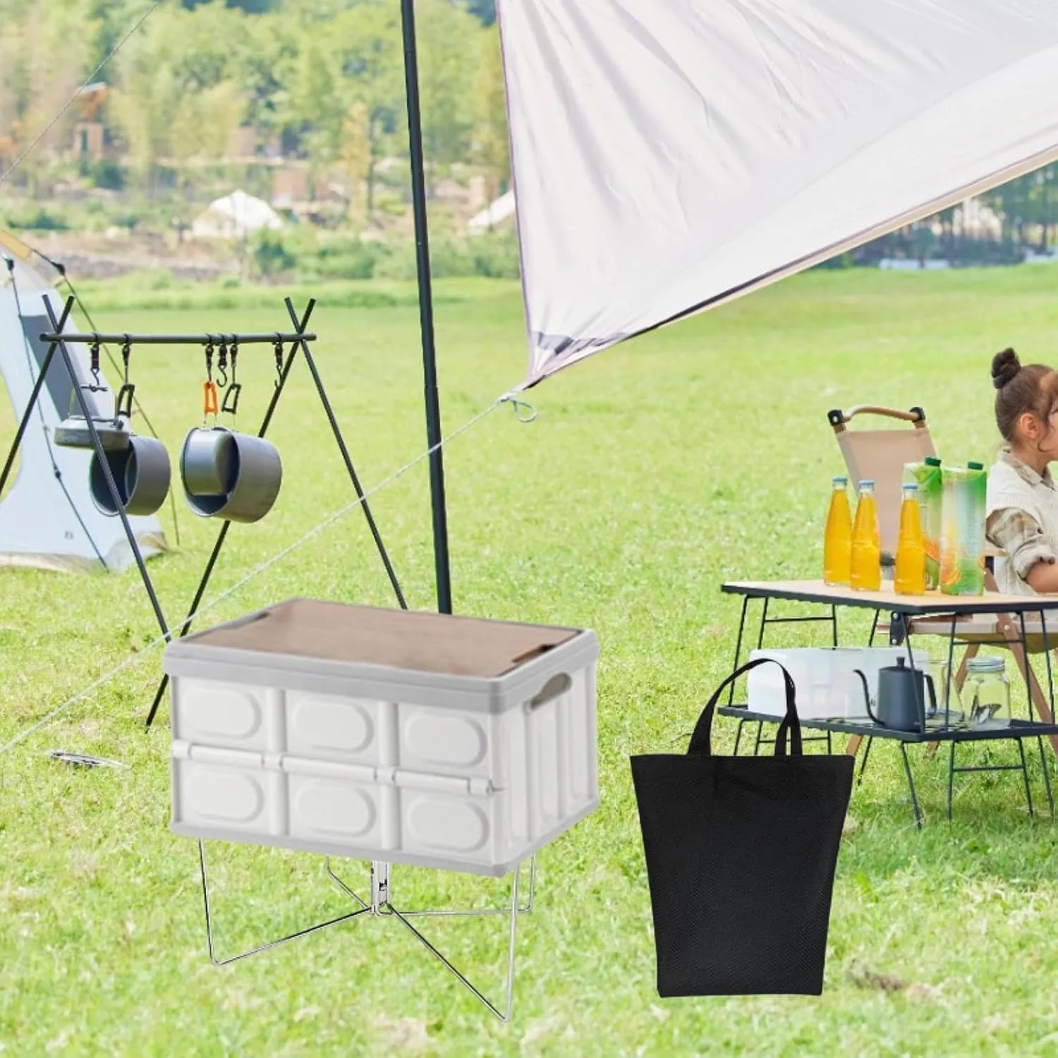 Foldable Cooler Stand with Carry Bag Trash Bag Holder Multifunctional Suitcase Rack Ice Box Holder for Camping Travel Cooking