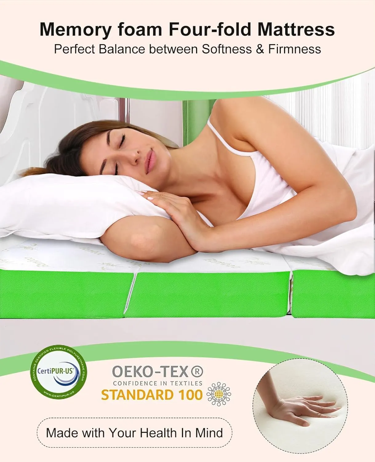 Foldable Mattress with Pillow- 4 Inch Memory Foam Tri-fold for Adults&Kids- Portable Folding Floor Tent, Camper, RV Travel, Guest