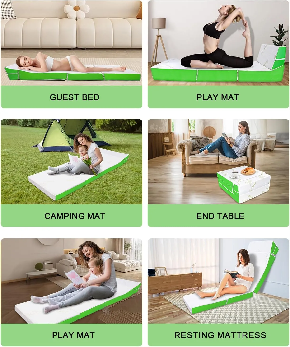 Foldable Mattress with Pillow- 4 Inch Memory Foam Tri-fold for Adults&Kids- Portable Folding Floor Tent, Camper, RV Travel, Guest