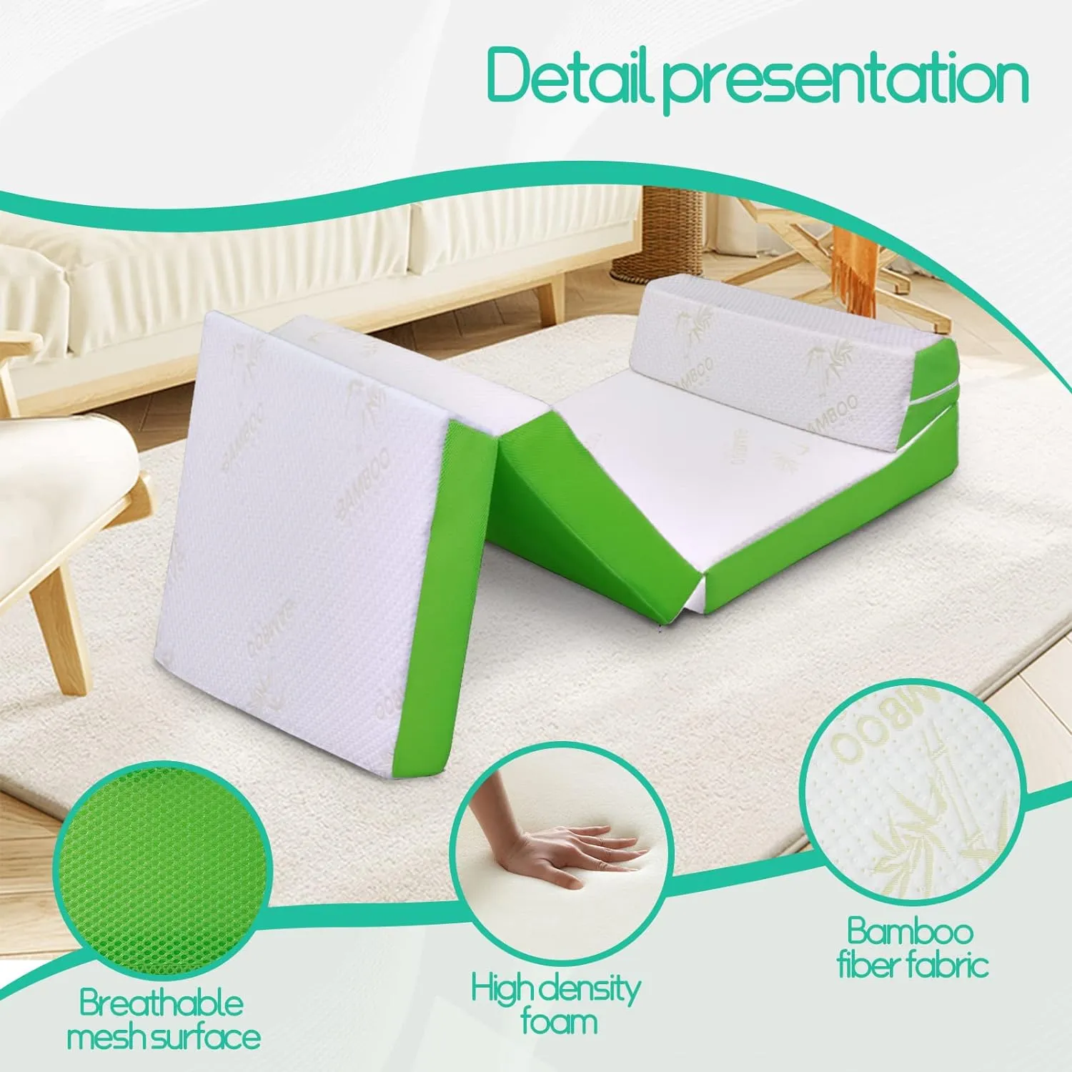Foldable Mattress with Pillow- 4 Inch Memory Foam Tri-fold for Adults&Kids- Portable Folding Floor Tent, Camper, RV Travel, Guest
