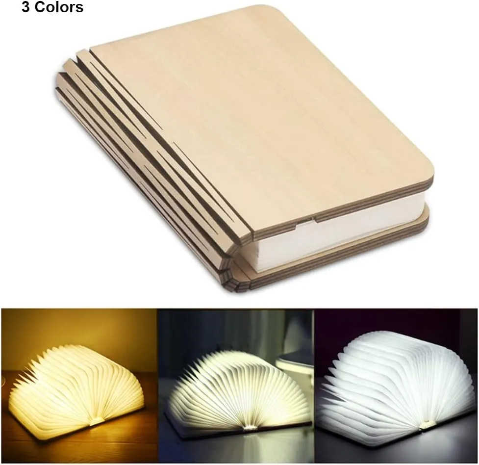 Folding Book Lamp Novelty Wooden Table Lamp Portable Desk Light LED Paper Lantern with USB Rechargeable for Gift Home Office Decor