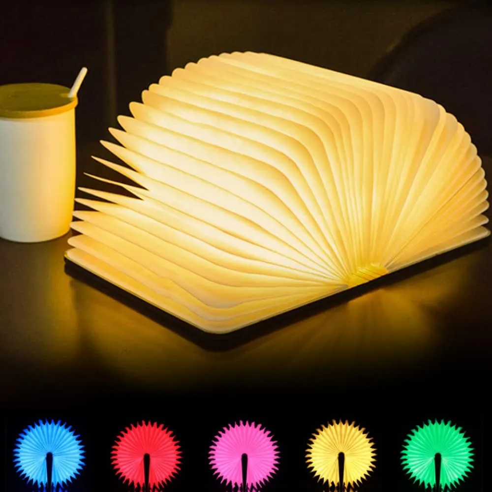 Folding Book Lamp Novelty Wooden Table Lamp Portable Desk Light LED Paper Lantern with USB Rechargeable for Gift Home Office Decor