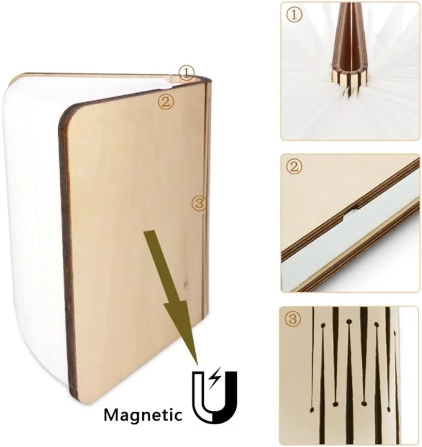 Folding Book Lamp Novelty Wooden Table Lamp Portable Desk Light LED Paper Lantern with USB Rechargeable for Gift Home Office Decor