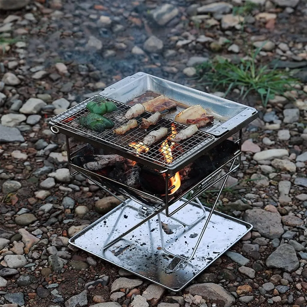 Folding Campfire Grill Barbecue Rack Camping Fire Pit, Outdoor Wood Stove Burner, Compact 304 Premium Stainless Steel, Portable with Carrying Bag for Outside