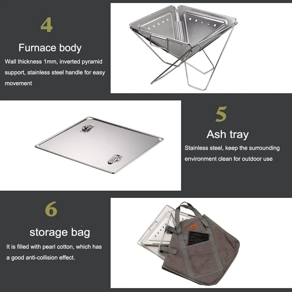 Folding Campfire Grill Barbecue Rack Camping Fire Pit, Outdoor Wood Stove Burner, Compact 304 Premium Stainless Steel, Portable with Carrying Bag for Outside