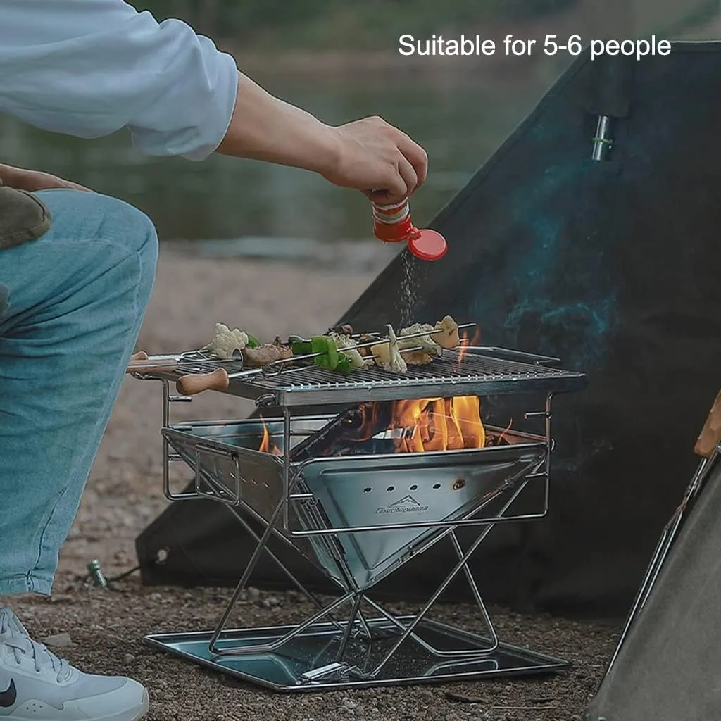 Folding Campfire Grill Barbecue Rack Camping Fire Pit, Outdoor Wood Stove Burner, Compact 304 Premium Stainless Steel, Portable with Carrying Bag for Outside