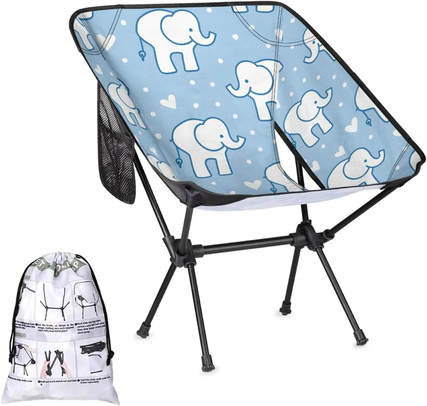 Folding Camping Chair Elephants Love Heart Camping Chairs Lightweight Portable Chair Outdoor Foldable Chairs for Camping Travel Picnic Beach Hiking