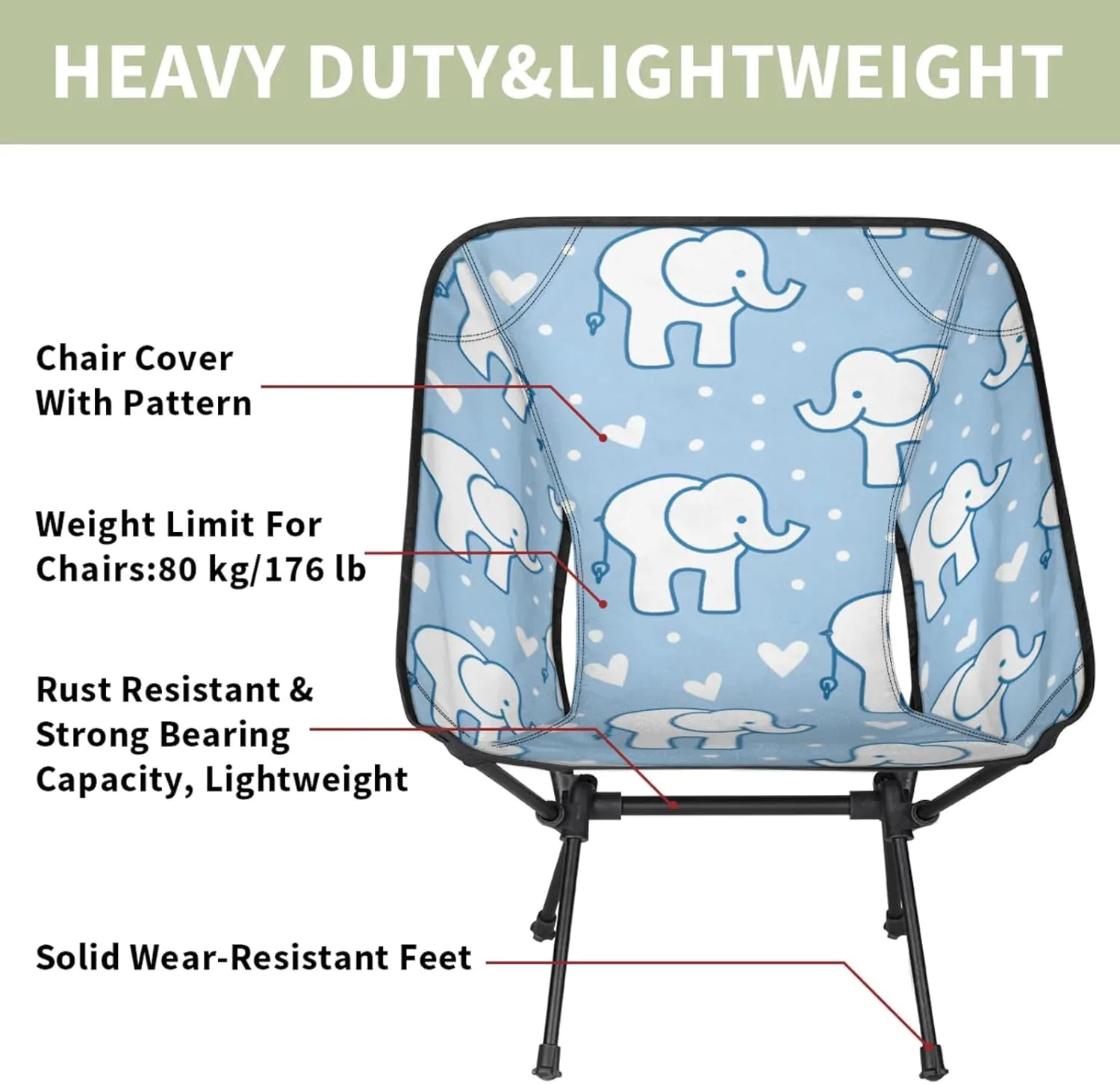 Folding Camping Chair Elephants Love Heart Camping Chairs Lightweight Portable Chair Outdoor Foldable Chairs for Camping Travel Picnic Beach Hiking