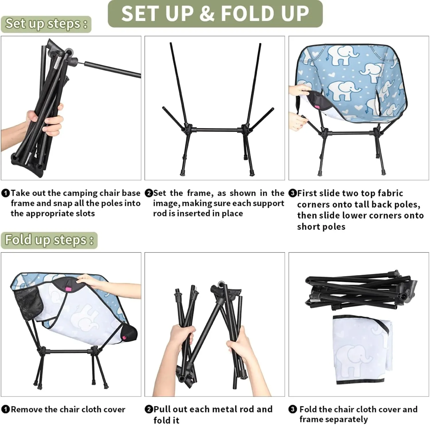 Folding Camping Chair Elephants Love Heart Camping Chairs Lightweight Portable Chair Outdoor Foldable Chairs for Camping Travel Picnic Beach Hiking