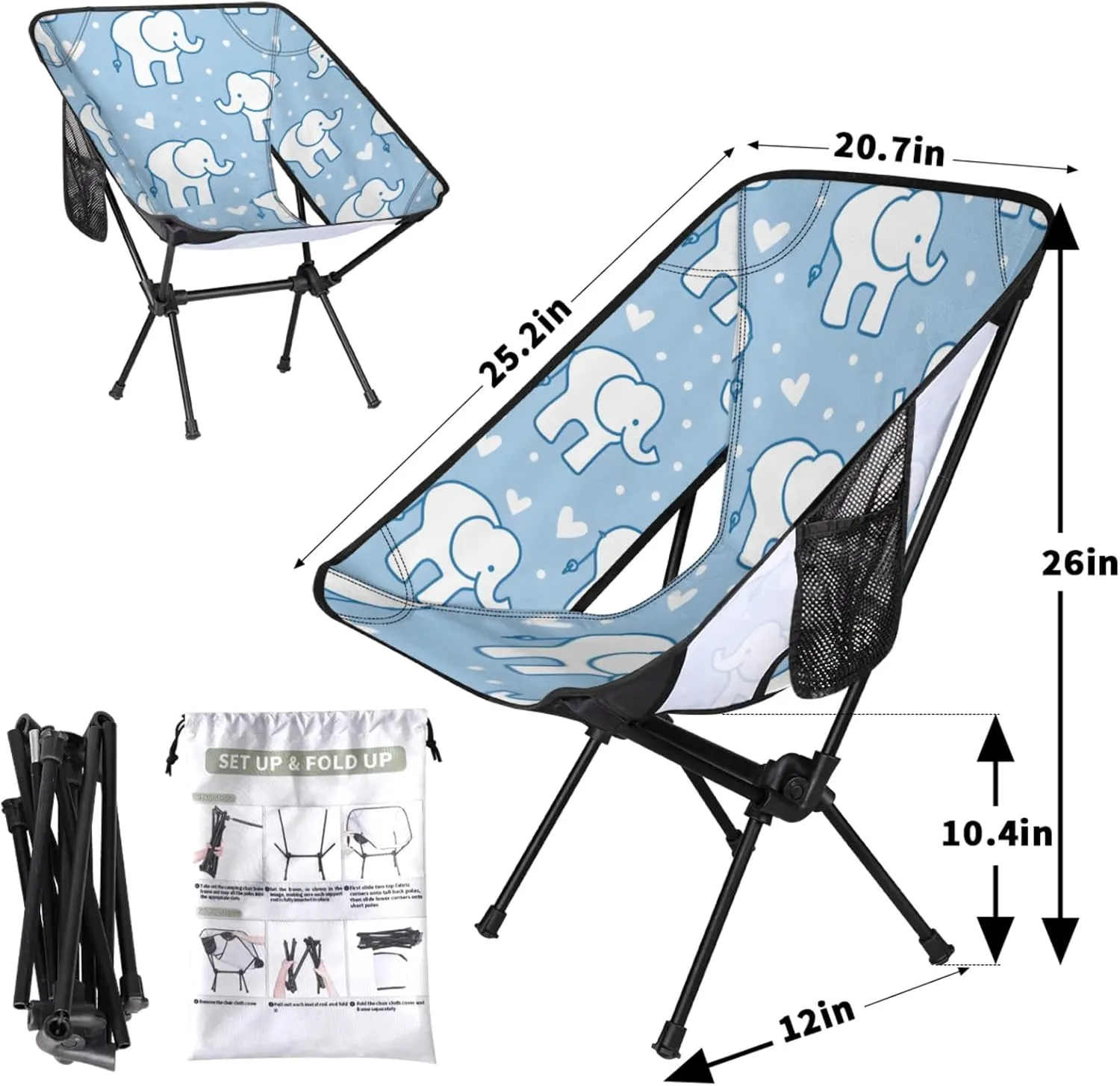 Folding Camping Chair Elephants Love Heart Camping Chairs Lightweight Portable Chair Outdoor Foldable Chairs for Camping Travel Picnic Beach Hiking